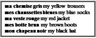 Text Box: ma chemise gris my yellow trousers
mes chaussettes bleues my blue socks
ma veste rouge my red jacket
mes botte brun my brown boots
mon chapeau noir my black hat
